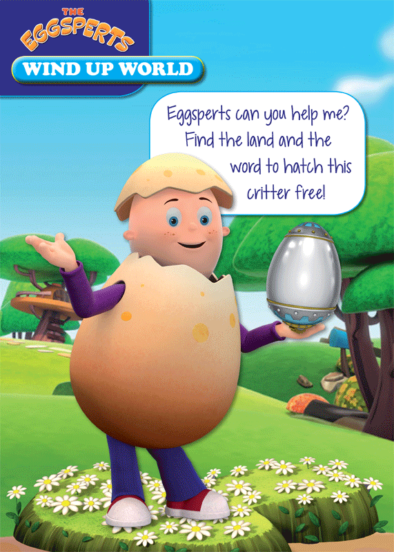 Sample interior page from The Eggsperts Wind Up World sticker activity book, with letters, sounds and words to practise