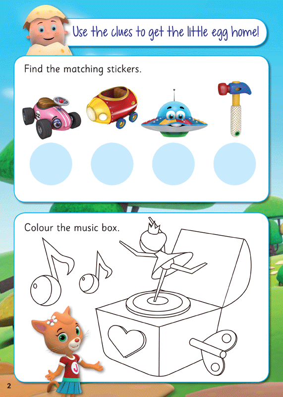 Example lesson worksheet from The Eggsperts Wind Up World sticker activity book, with letters, sounds and words to practise