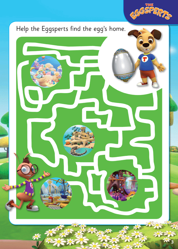 Inside page preview from The Eggsperts Wind Up World sticker activity book, with letters, sounds and words to practise