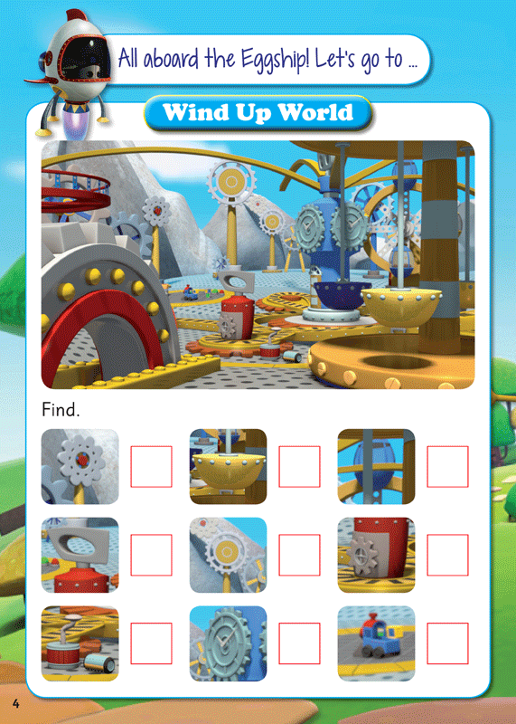Sample practice page from The Eggsperts Wind Up World sticker activity book, with letters, sounds and words to practise