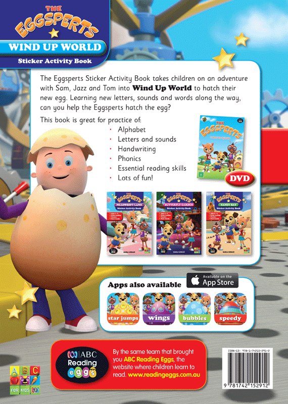 Back cover of The Eggsperts Wind Up World sticker activity book, showing the series branding and book information