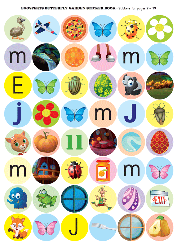 Sticker sheet from The Eggsperts Butterfly Garden sticker activity book, showing colourful stickers for the activities