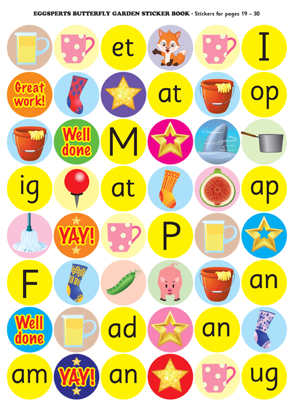 Second sticker sheet from The Eggsperts Butterfly Garden sticker activity book, showing colourful stickers for the activities