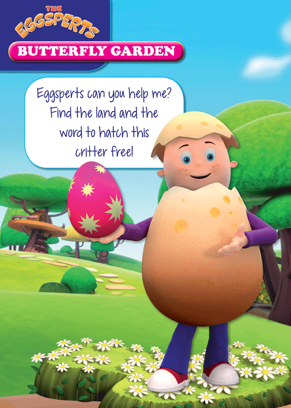Sample interior page from The Eggsperts Butterfly Garden sticker activity book, with letters, sounds and words to practise