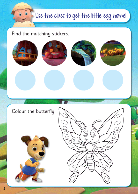 Example lesson worksheet from The Eggsperts Butterfly Garden sticker activity book, with letters, sounds and words to practise