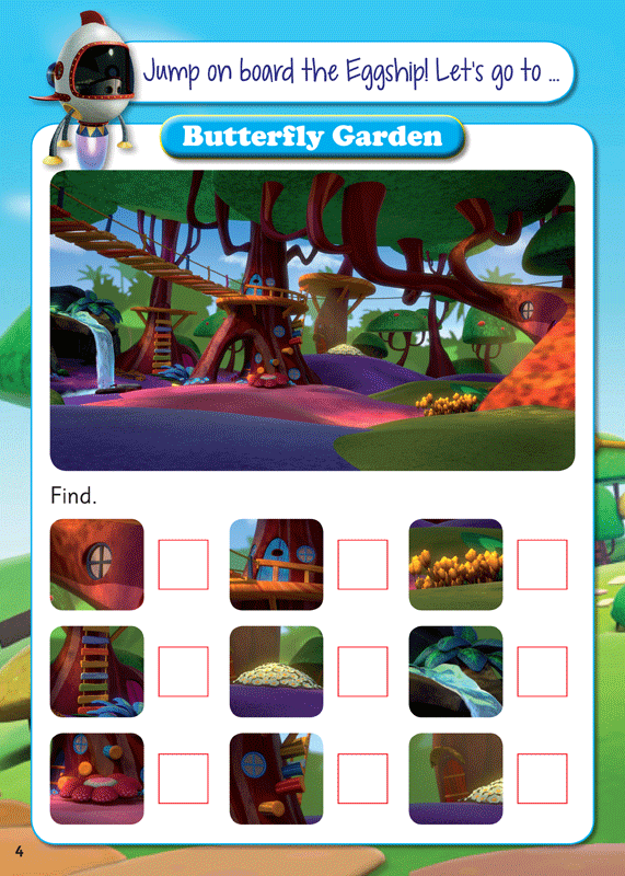 Sample practice page from The Eggsperts Butterfly Garden sticker activity book, with letters, sounds and words to practise