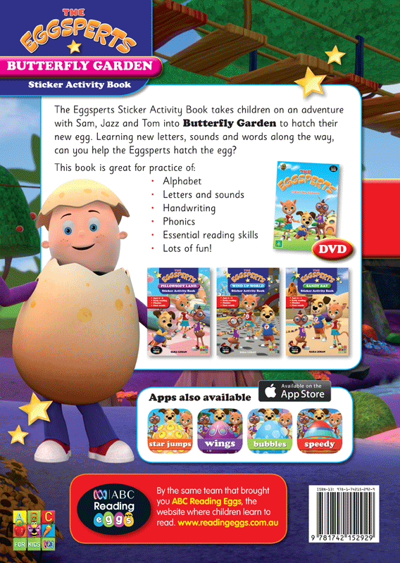 Back cover of The Eggsperts Butterfly Garden sticker activity book, showing the series branding and book information