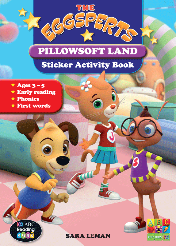 Front cover of The Eggsperts Pillowsoft Land sticker activity book from ABC Reading Eggs, showing the Eggsperts characters