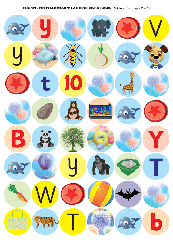 Sticker sheet from The Eggsperts Pillowsoft Land sticker activity book, showing colourful stickers for the activities
