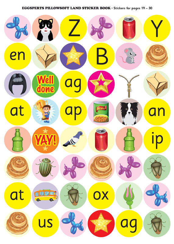 Second sticker sheet from The Eggsperts Pillowsoft Land sticker activity book, showing colourful stickers for the activities