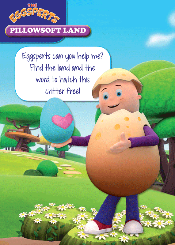 Sample interior page from The Eggsperts Pillowsoft Land sticker activity book, with letters, sounds and words to practise