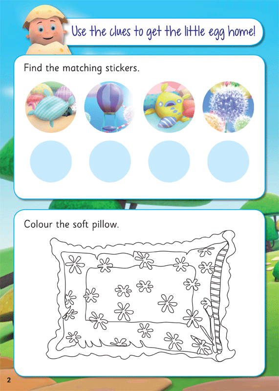 Example lesson worksheet from The Eggsperts Pillowsoft Land sticker activity book, with letters, sounds and words to practise