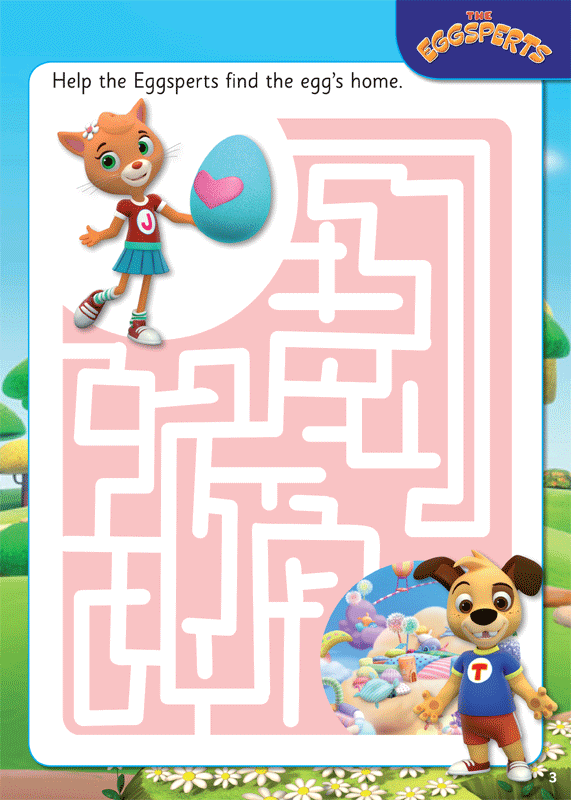 Inside page preview from The Eggsperts Pillowsoft Land sticker activity book, with letters, sounds and words to practise