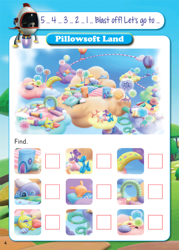 Sample practice page from The Eggsperts Pillowsoft Land sticker activity book, with letters, sounds and words to practise