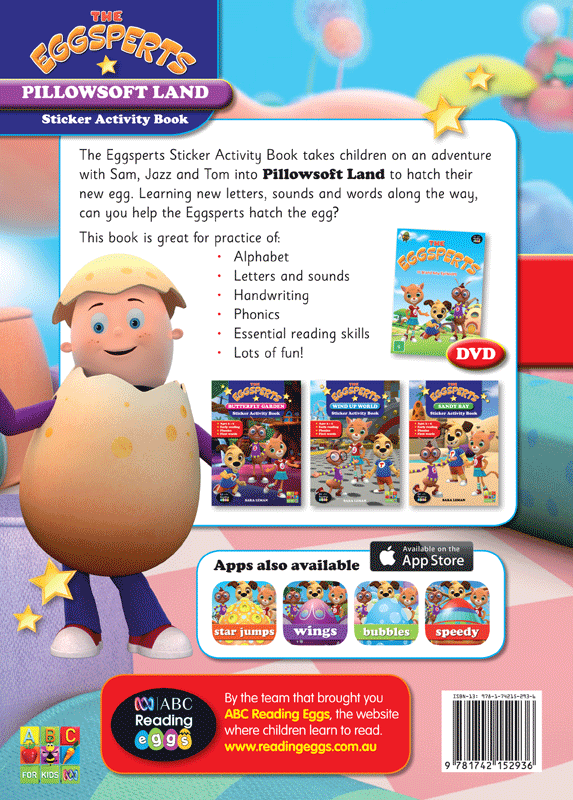 Back cover of The Eggsperts Pillowsoft Land sticker activity book, showing the series branding and book information