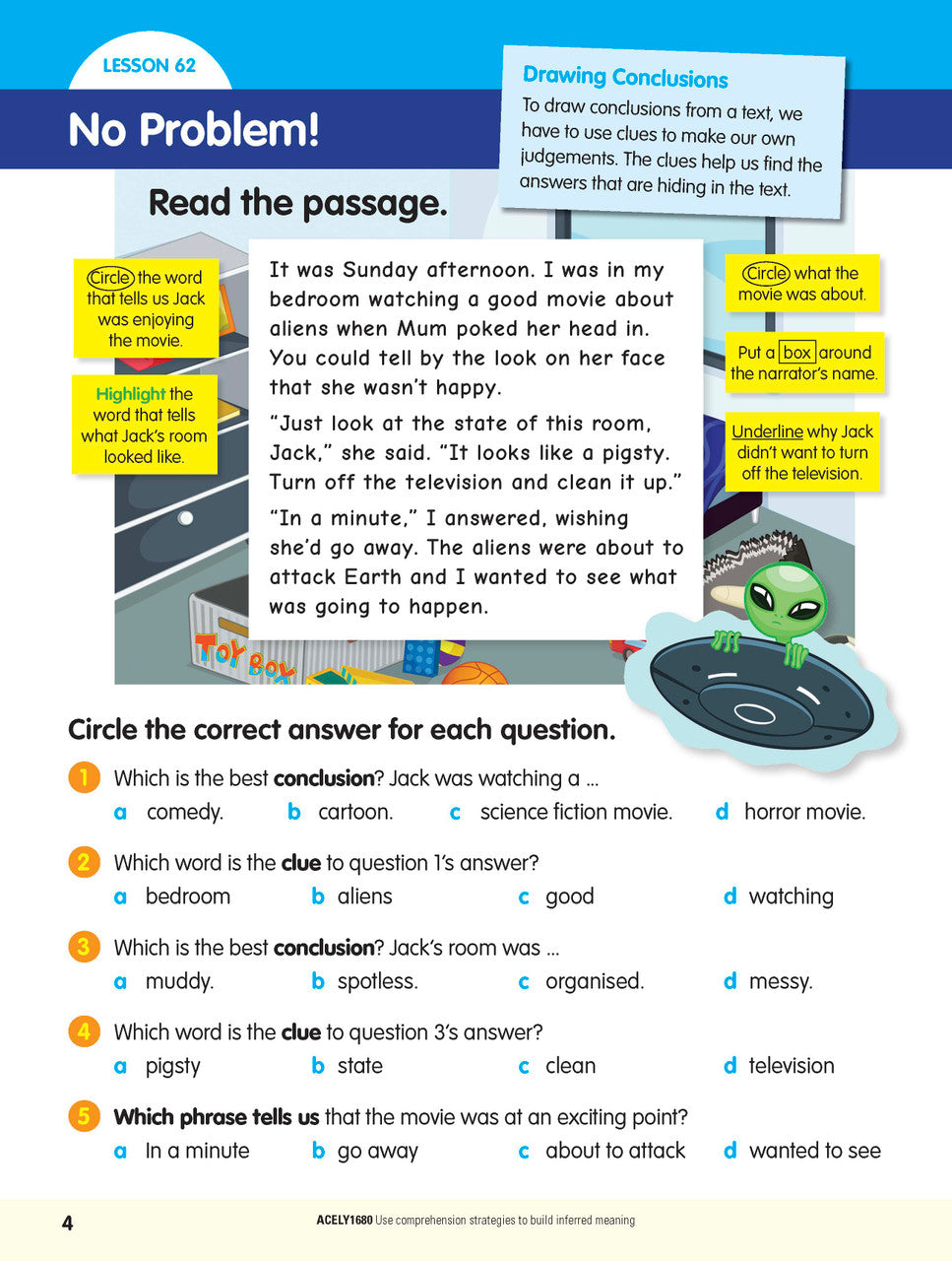 Sample interior page from the ABC Reading Eggspress Comprehension and Grammar Workbook Year 3, showing lesson activities and questions