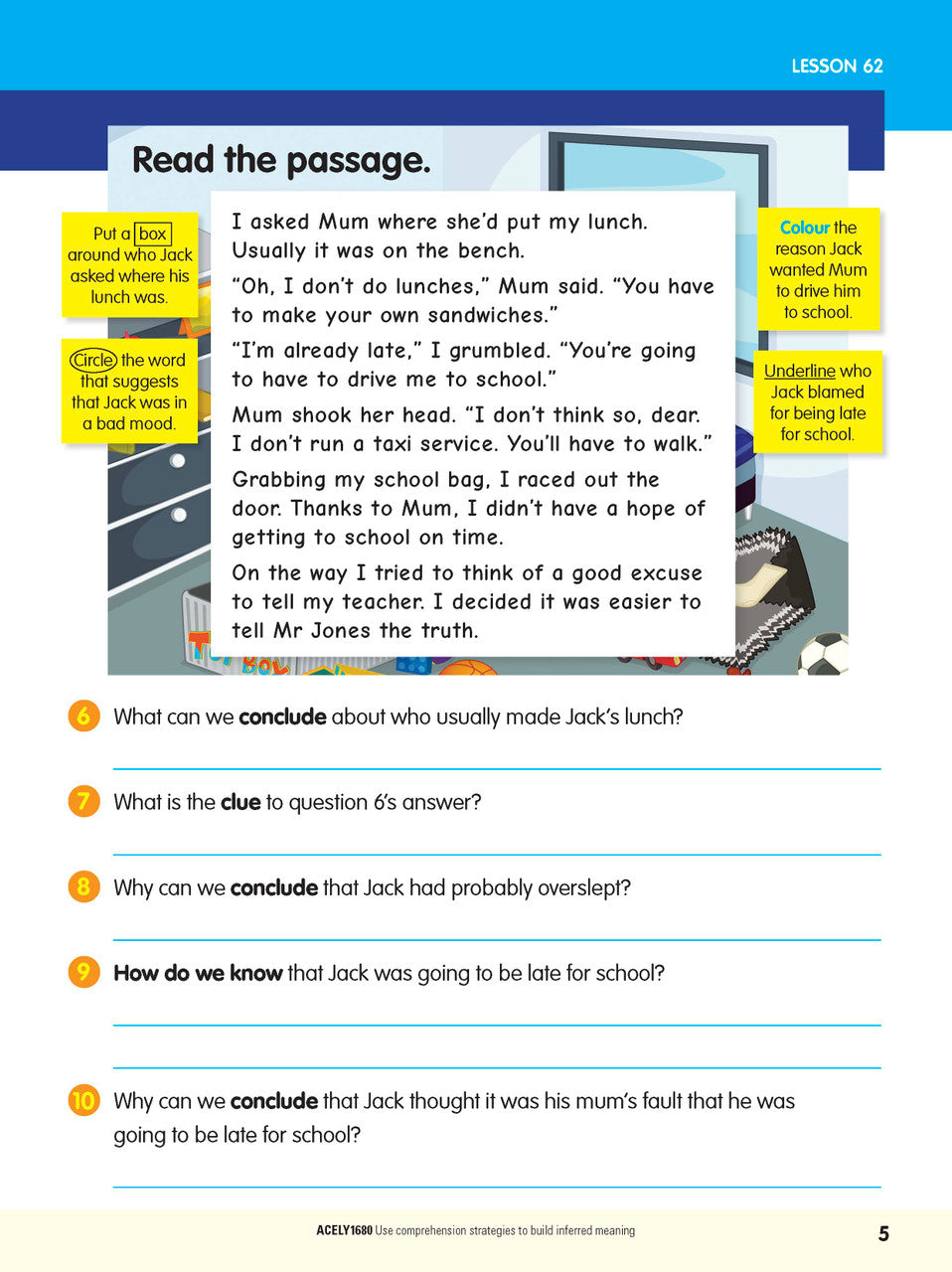 Sample interior page from the ABC Reading Eggspress Comprehension and Grammar Workbook Year 3, showing lesson activities and questions