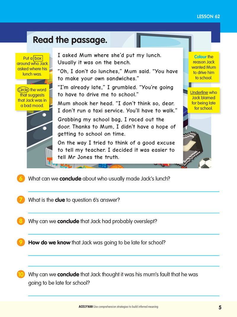 Sample interior page from the ABC Reading Eggspress Comprehension and Grammar Workbook Year 3, showing lesson activities and questions
