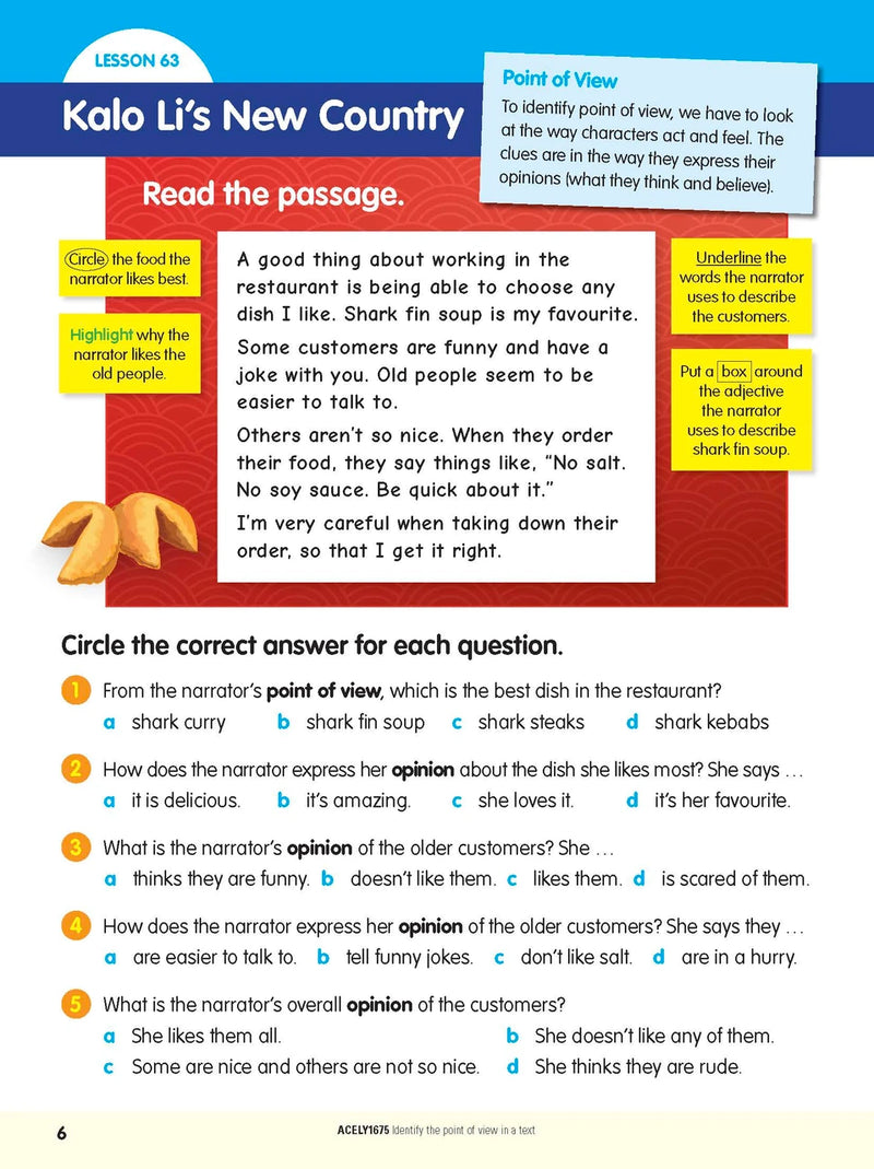 Sample interior page from the ABC Reading Eggspress Comprehension and Grammar Workbook Year 3, showing lesson activities and questions