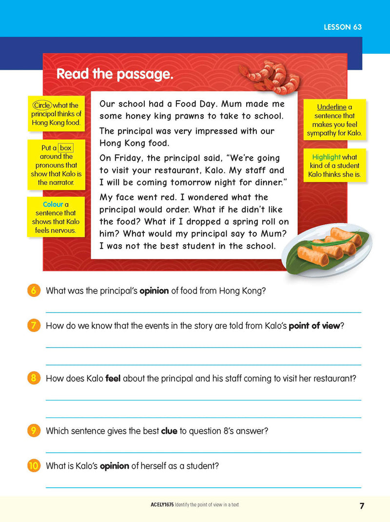 Sample interior page from the ABC Reading Eggspress Comprehension and Grammar Workbook Year 3, showing lesson activities and questions