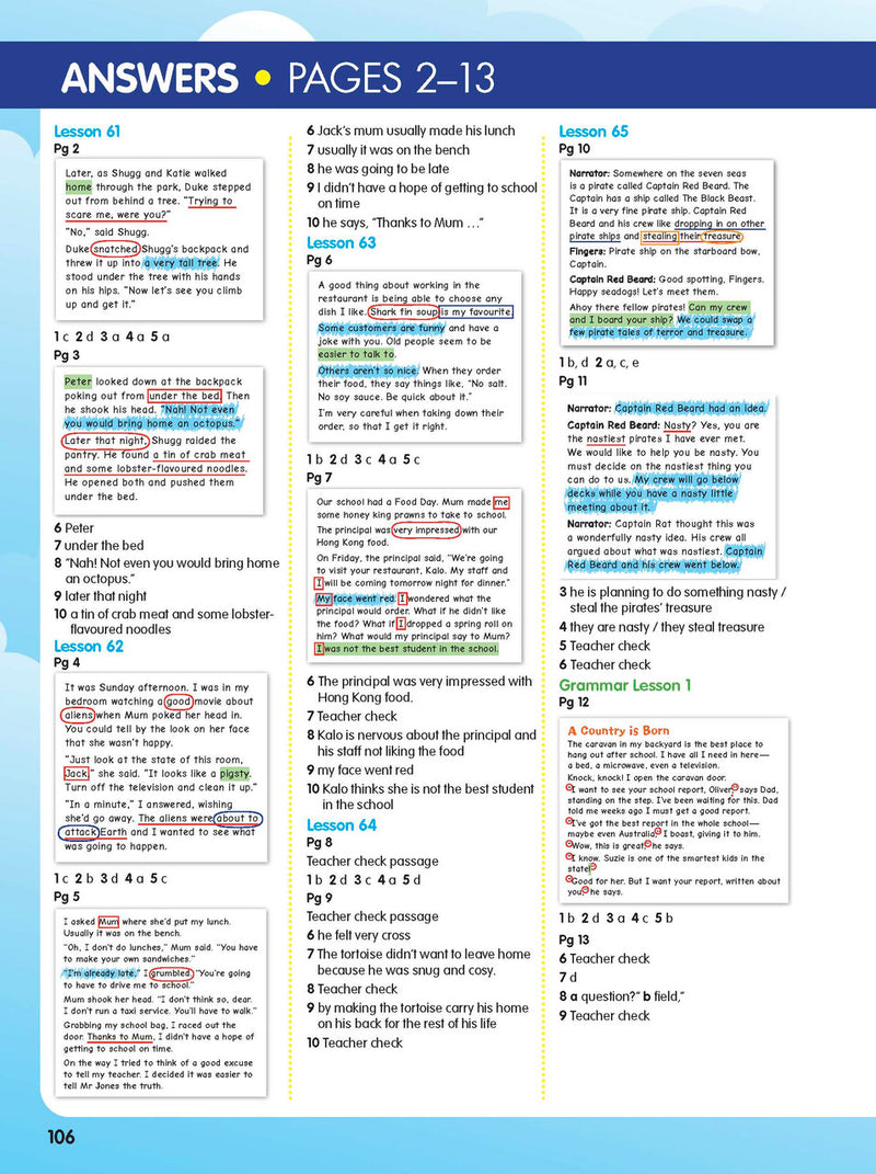 Sample interior page from the ABC Reading Eggspress Comprehension and Grammar Workbook Year 3, showing lesson activities and questions