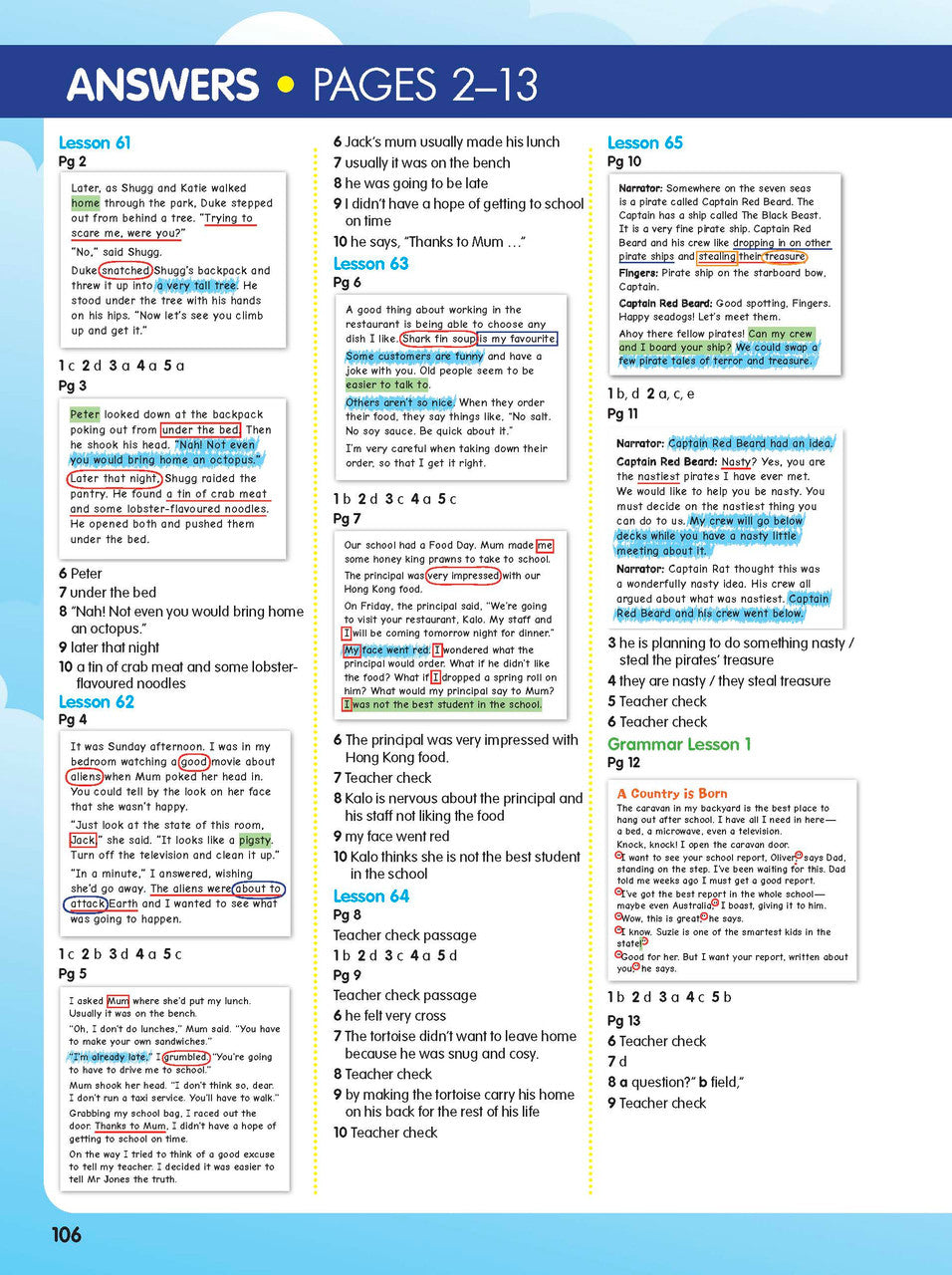 Sample interior page from the ABC Reading Eggspress Comprehension and Grammar Workbook Year 3, showing lesson activities and questions