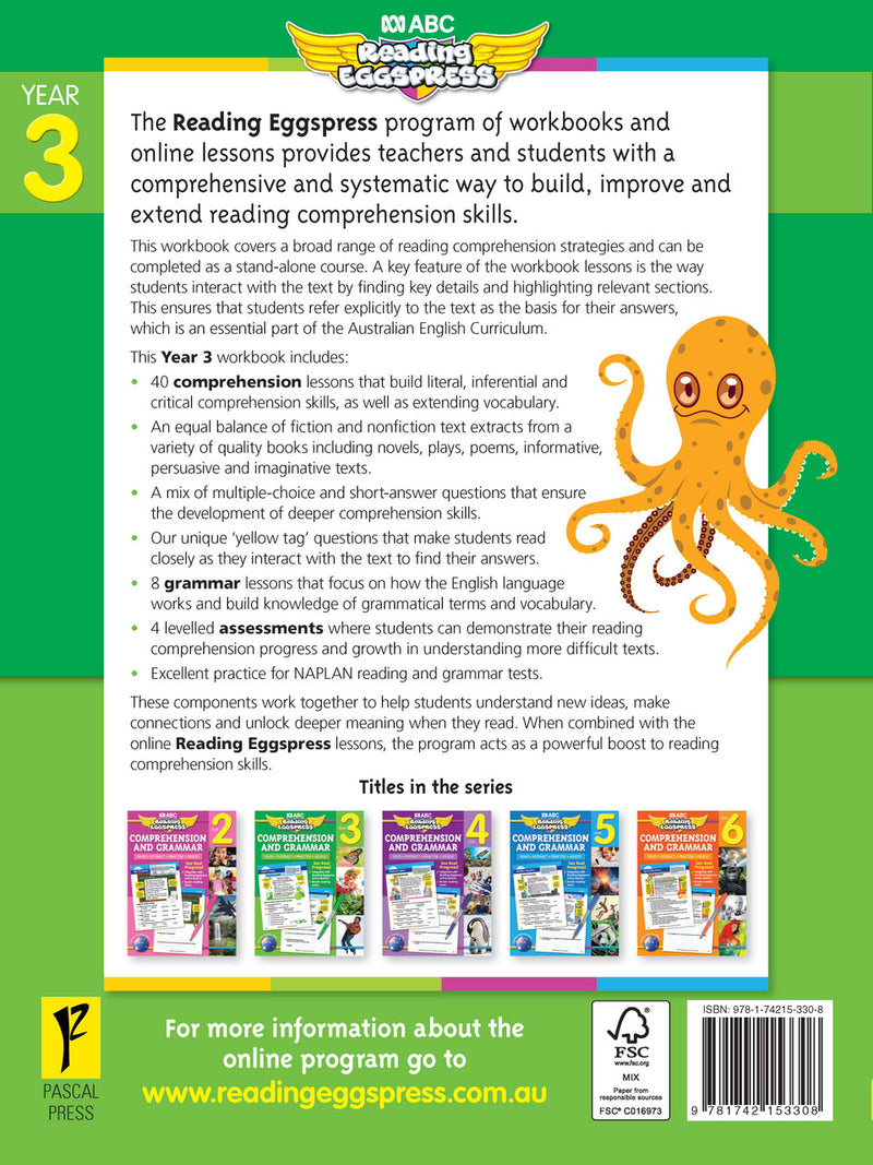 Sample interior page from the ABC Reading Eggspress Comprehension and Grammar Workbook Year 3, showing lesson activities and questions