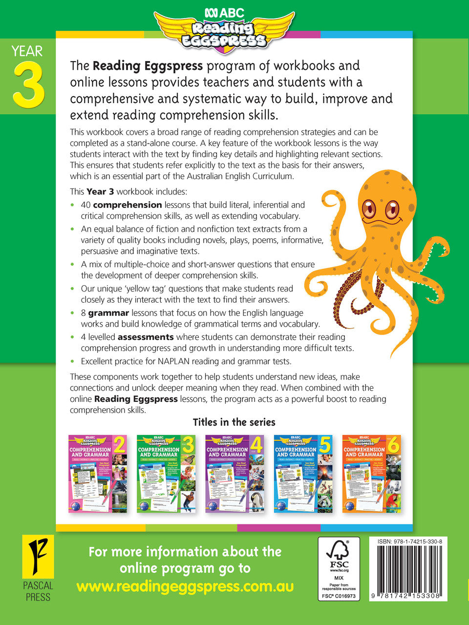 Sample interior page from the ABC Reading Eggspress Comprehension and Grammar Workbook Year 3, showing lesson activities and questions