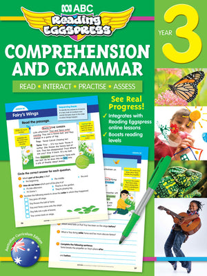 Front cover of the ABC Reading Eggspress Comprehension and Grammar Workbook for Year 3, showing the series branding and title