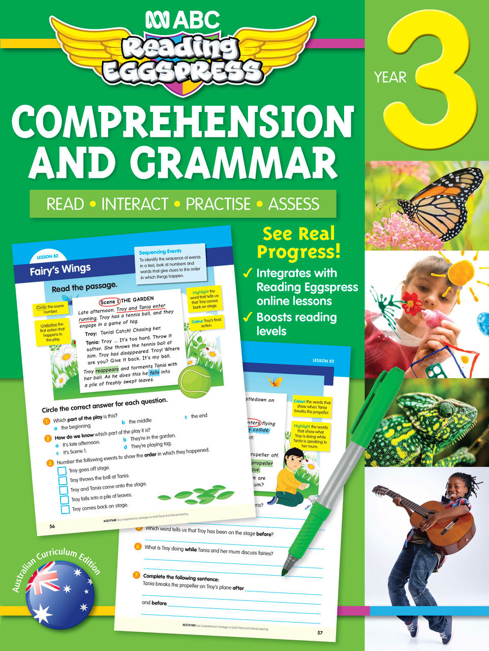 Front cover of the ABC Reading Eggspress Comprehension and Grammar Workbook for Year 3, showing the series branding and title