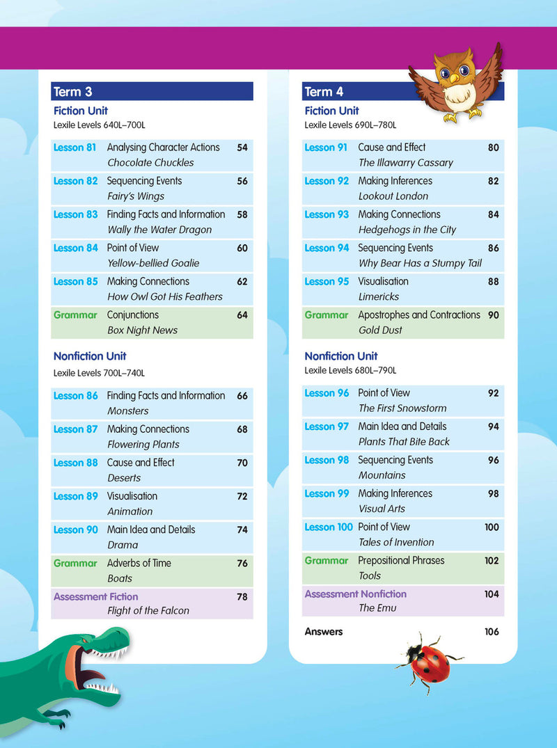 Sample interior page from the ABC Reading Eggspress Comprehension and Grammar Workbook Year 3, showing lesson activities and questions