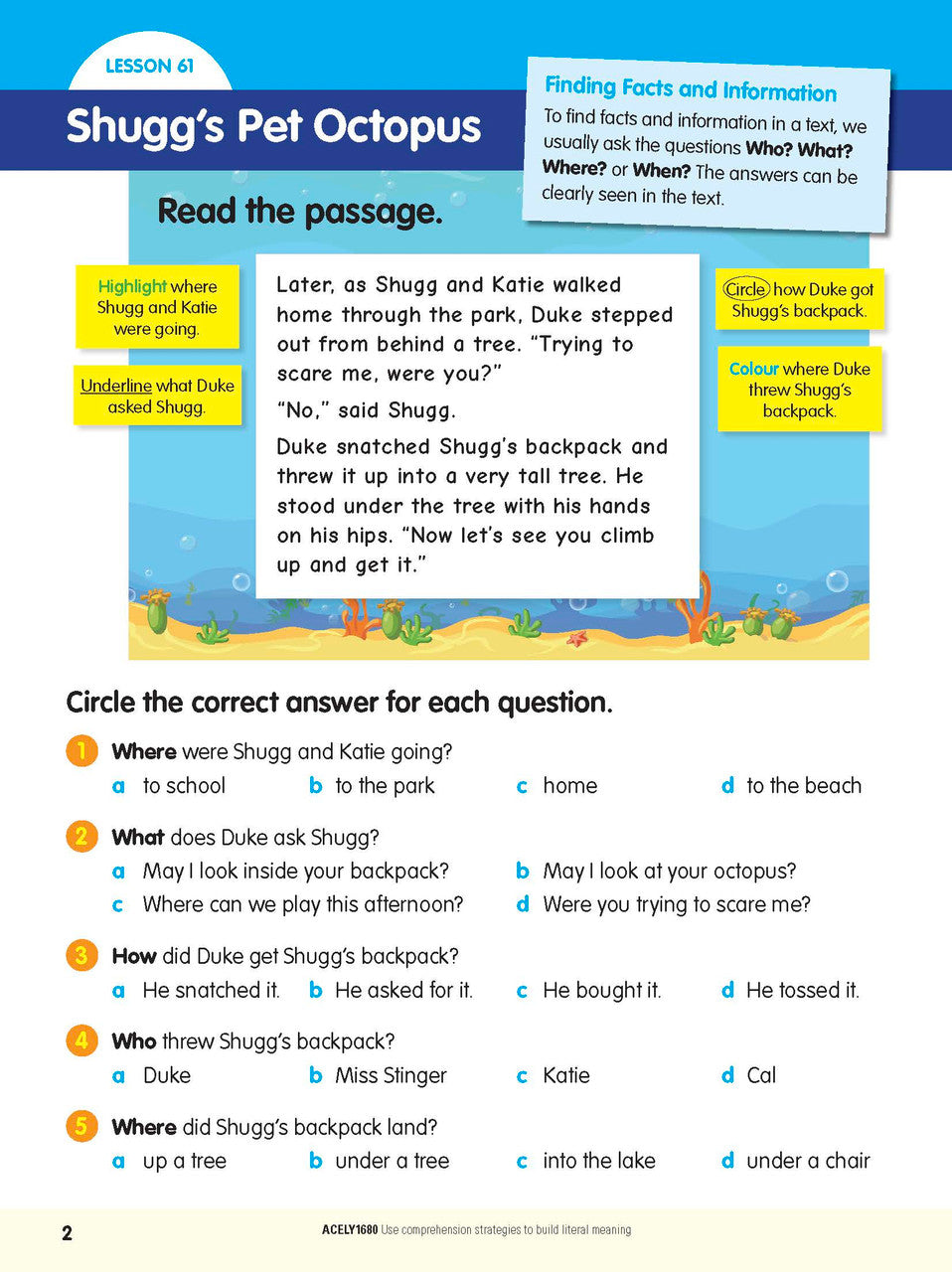 Sample interior page from the ABC Reading Eggspress Comprehension and Grammar Workbook Year 3, showing lesson activities and questions