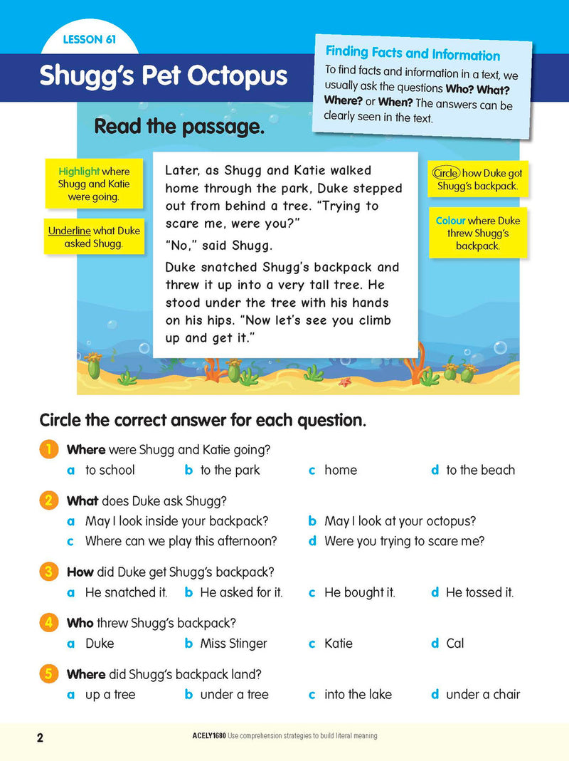 Sample interior page from the ABC Reading Eggspress Comprehension and Grammar Workbook Year 3, showing lesson activities and questions