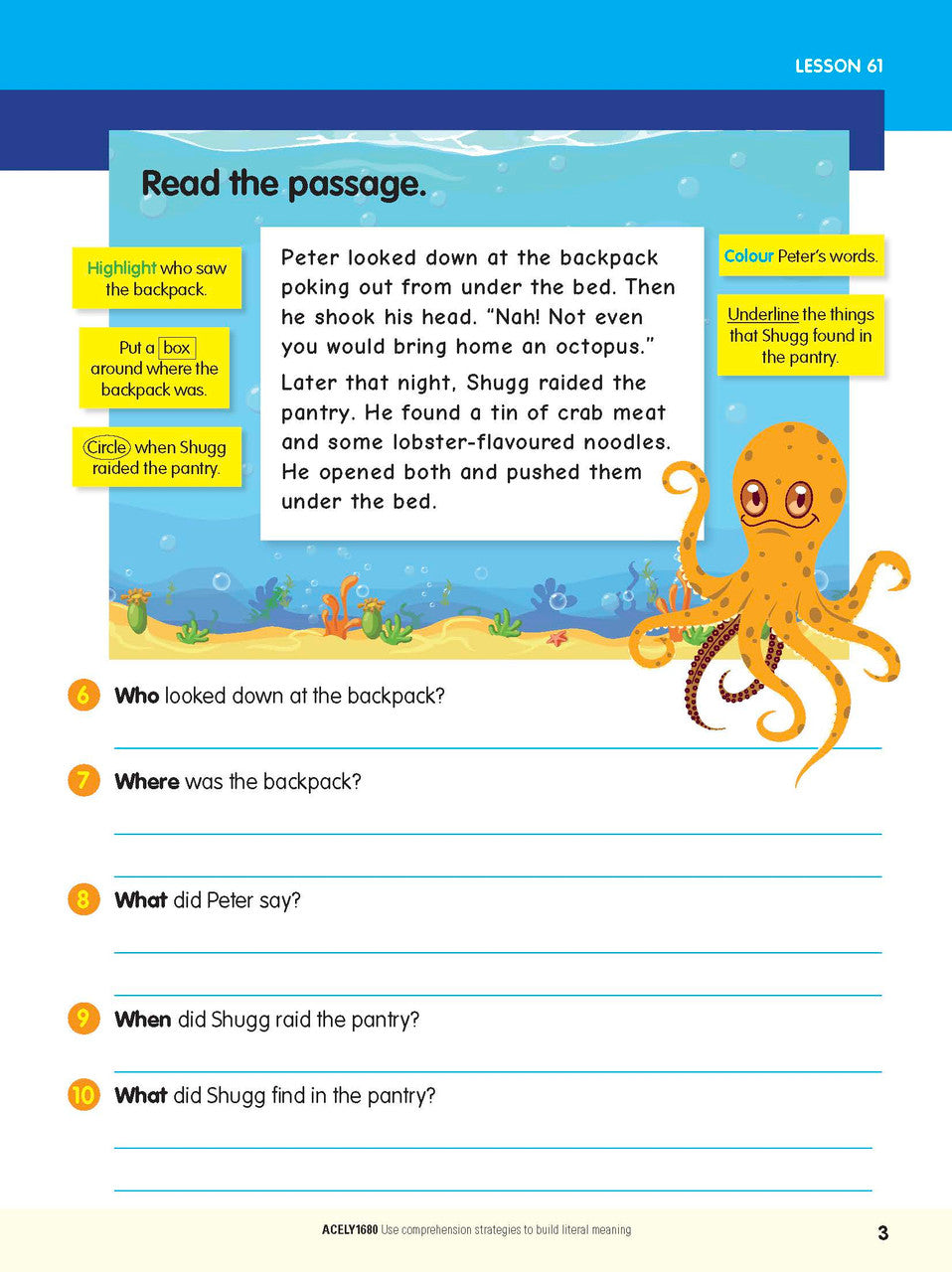 Sample interior page from the ABC Reading Eggspress Comprehension and Grammar Workbook Year 3, showing lesson activities and questions