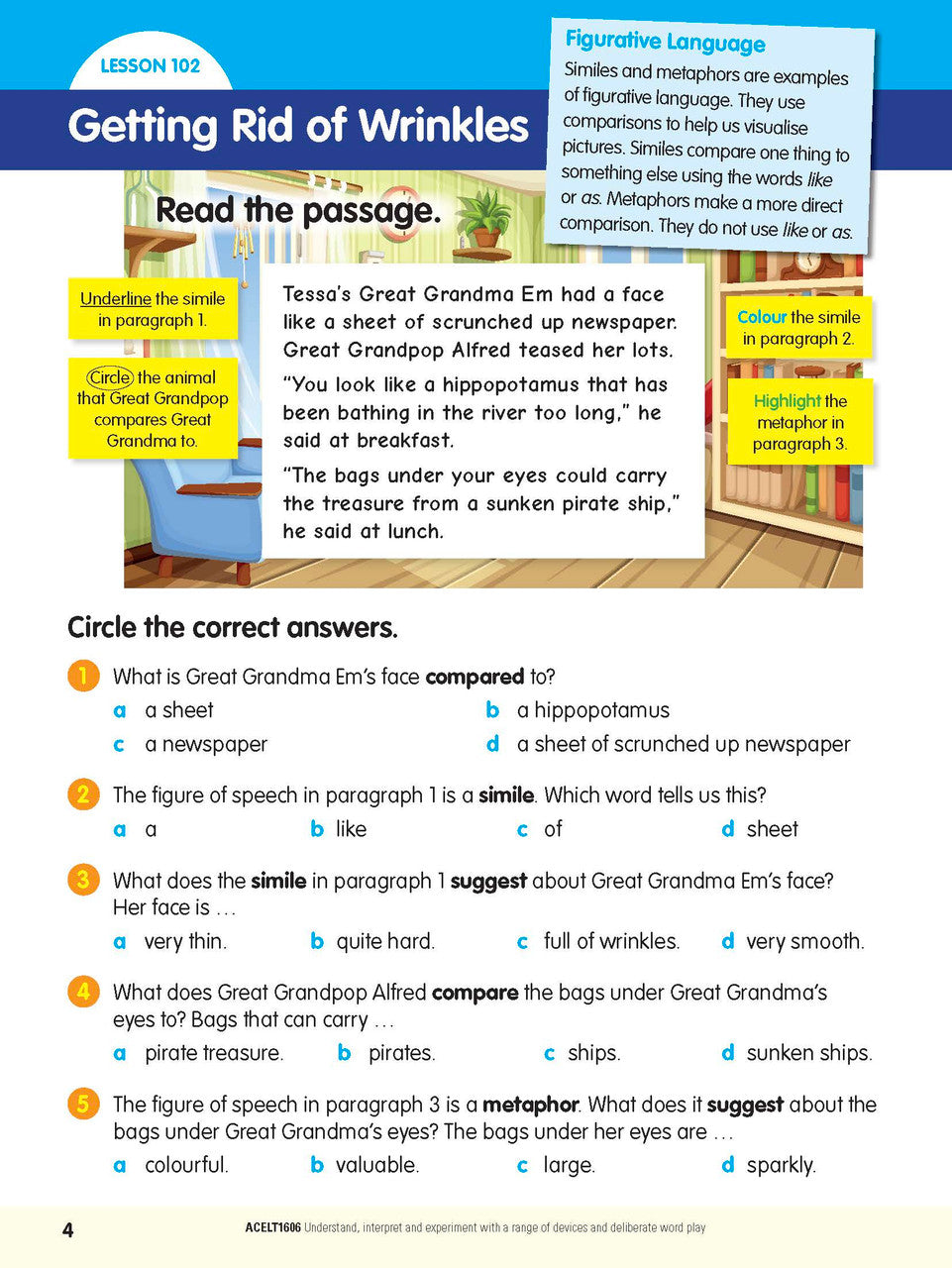 Sample interior page from the ABC Reading Eggspress Comprehension and Grammar Workbook Year 4, showing lesson activities and questions
