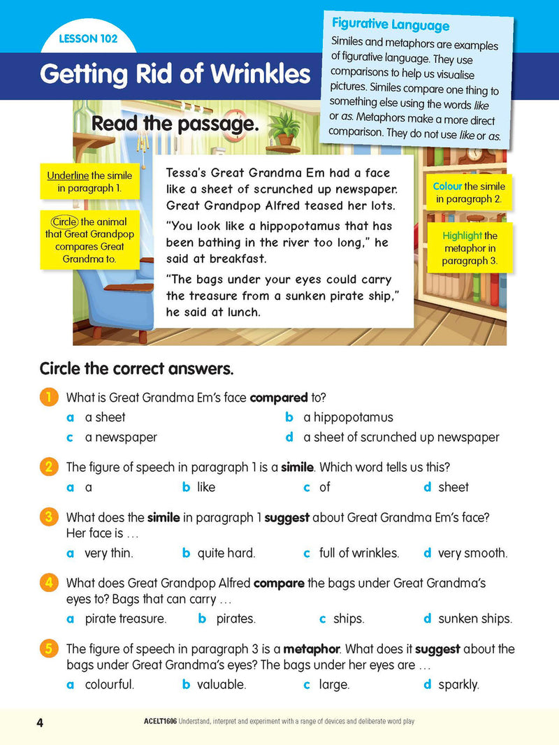 Sample interior page from the ABC Reading Eggspress Comprehension and Grammar Workbook Year 4, showing lesson activities and questions