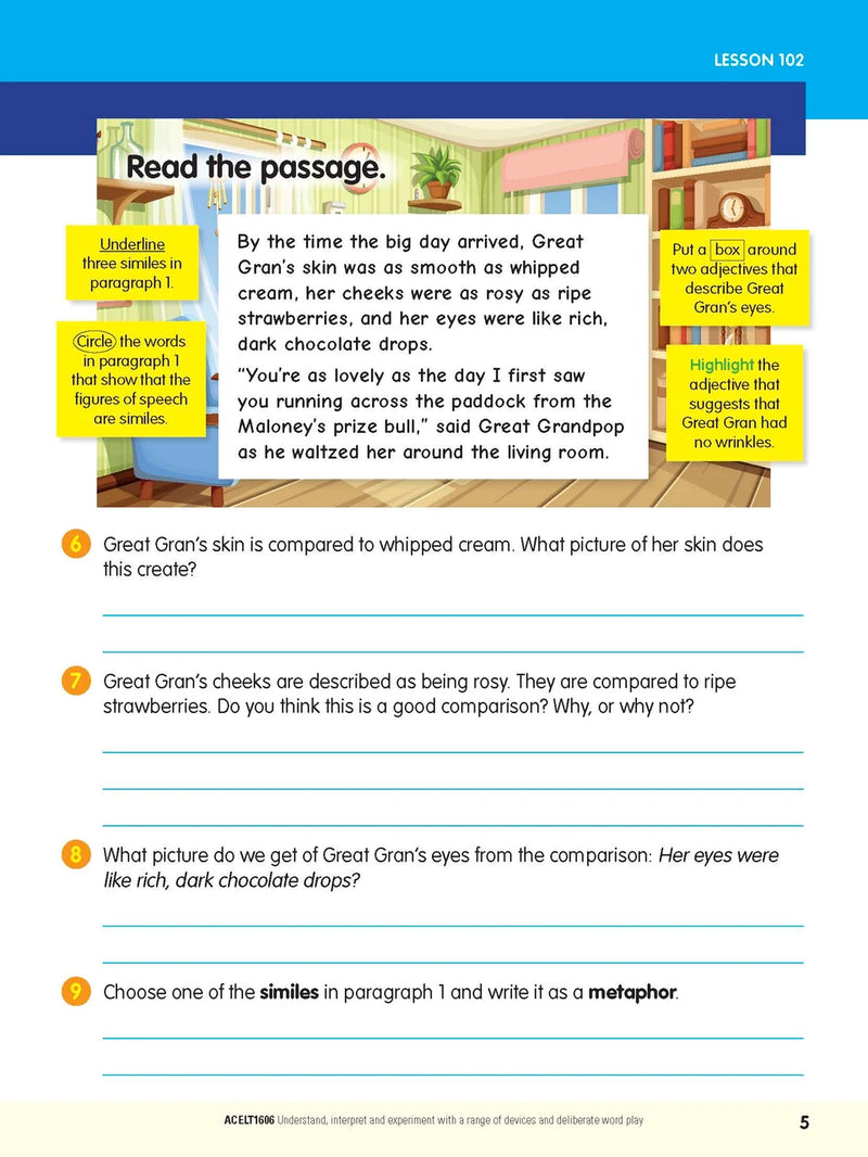 Sample interior page from the ABC Reading Eggspress Comprehension and Grammar Workbook Year 4, showing lesson activities and questions