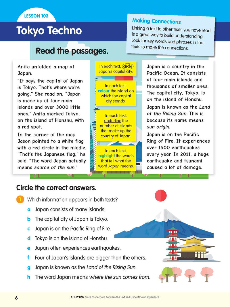 Sample interior page from the ABC Reading Eggspress Comprehension and Grammar Workbook Year 4, showing lesson activities and questions