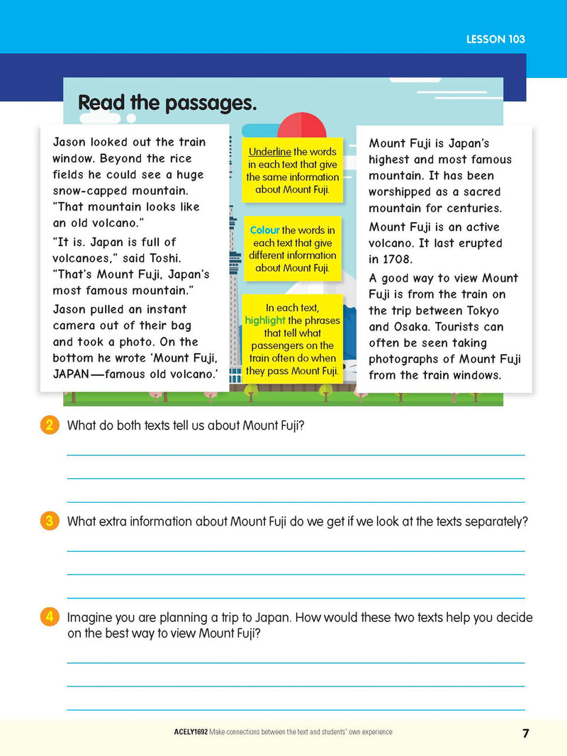 Sample interior page from the ABC Reading Eggspress Comprehension and Grammar Workbook Year 4, showing lesson activities and questions