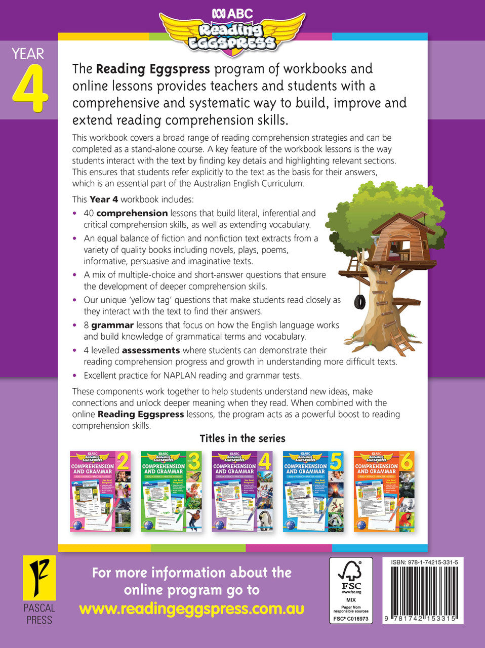Sample interior page from the ABC Reading Eggspress Comprehension and Grammar Workbook Year 4, showing lesson activities and questions