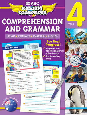 Front cover of the ABC Reading Eggspress Comprehension and Grammar Workbook for Year 4, showing the series branding and title