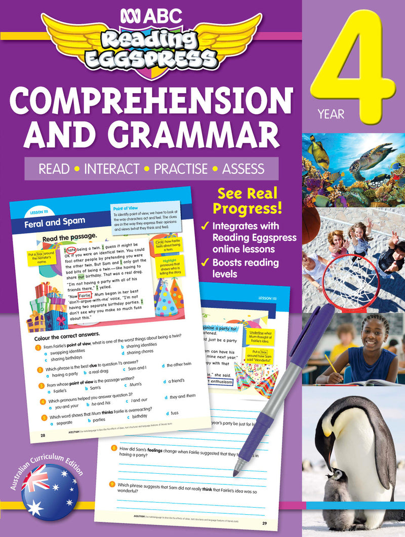 Front cover of the ABC Reading Eggspress Comprehension and Grammar Workbook for Year 4, showing the series branding and title