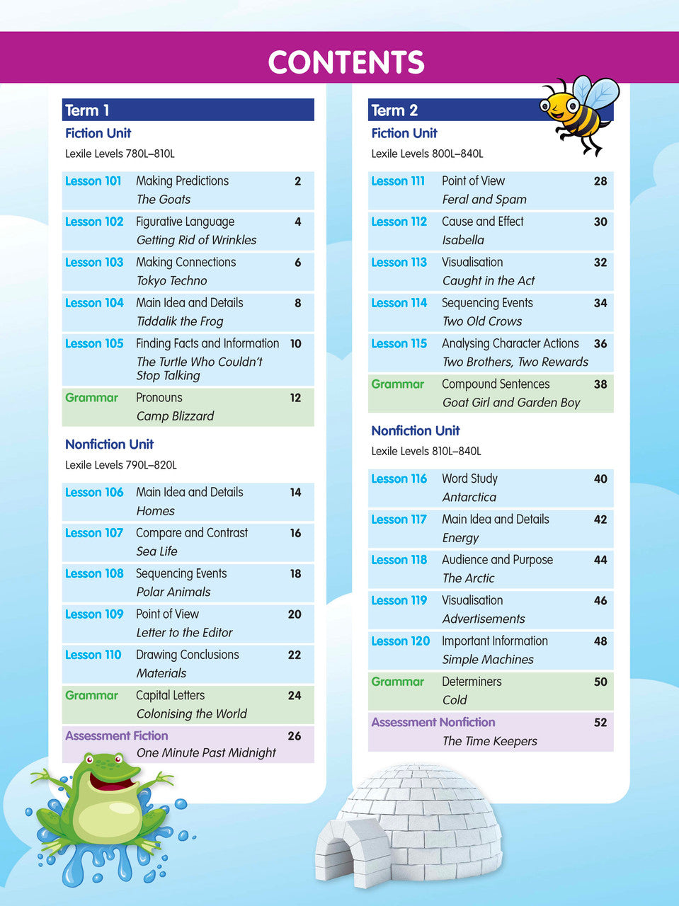 Sample interior page from the ABC Reading Eggspress Comprehension and Grammar Workbook Year 4, showing lesson activities and questions
