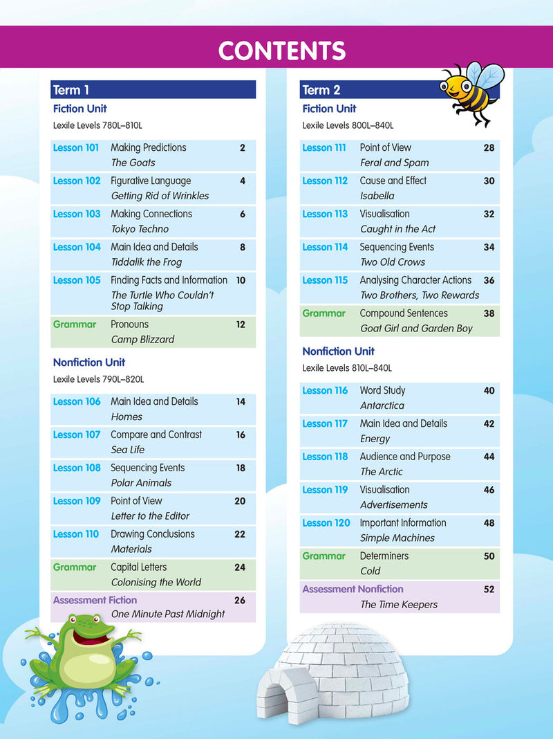 Sample interior page from the ABC Reading Eggspress Comprehension and Grammar Workbook Year 4, showing lesson activities and questions