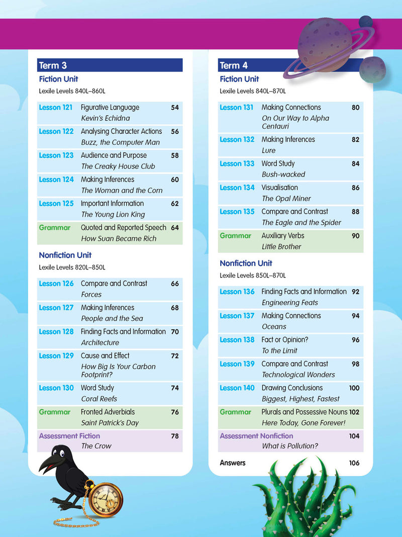 Sample interior page from the ABC Reading Eggspress Comprehension and Grammar Workbook Year 4, showing lesson activities and questions