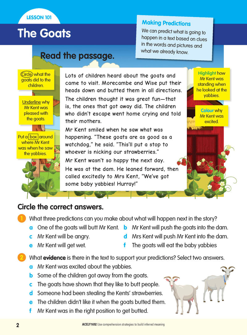Sample interior page from the ABC Reading Eggspress Comprehension and Grammar Workbook Year 4, showing lesson activities and questions