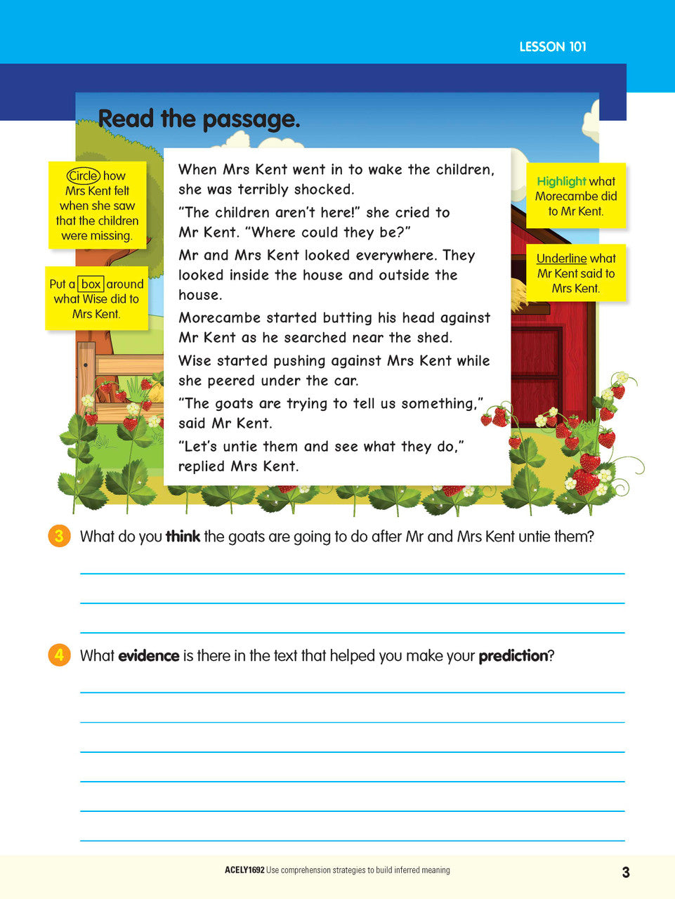 Sample interior page from the ABC Reading Eggspress Comprehension and Grammar Workbook Year 4, showing lesson activities and questions