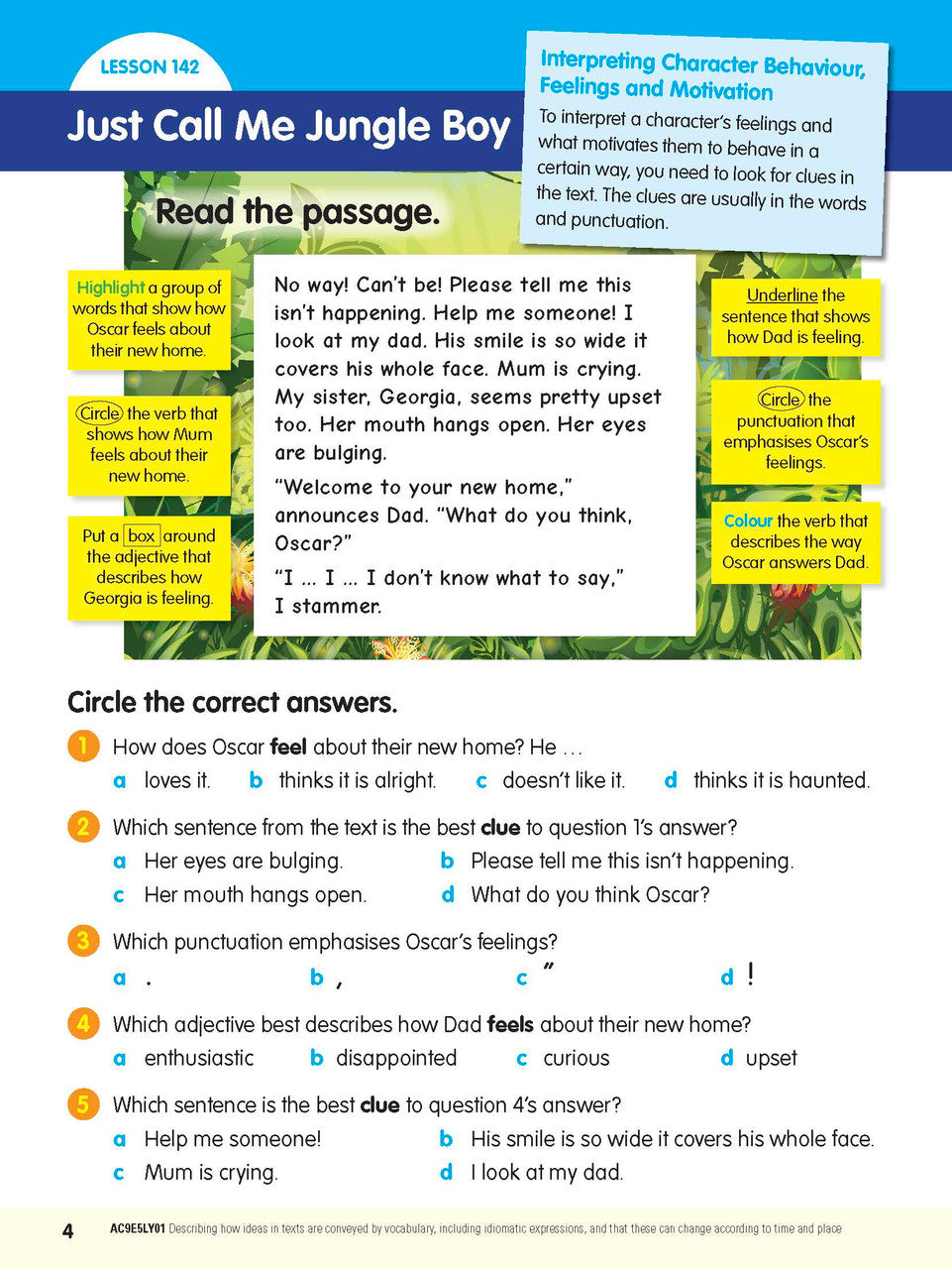 Sample interior page from the ABC Reading Eggspress Comprehension and Grammar Workbook Year 5, showing lesson activities and questions