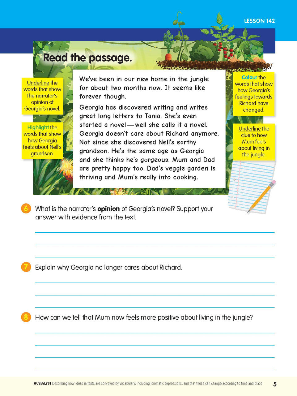 Sample interior page from the ABC Reading Eggspress Comprehension and Grammar Workbook Year 5, showing lesson activities and questions