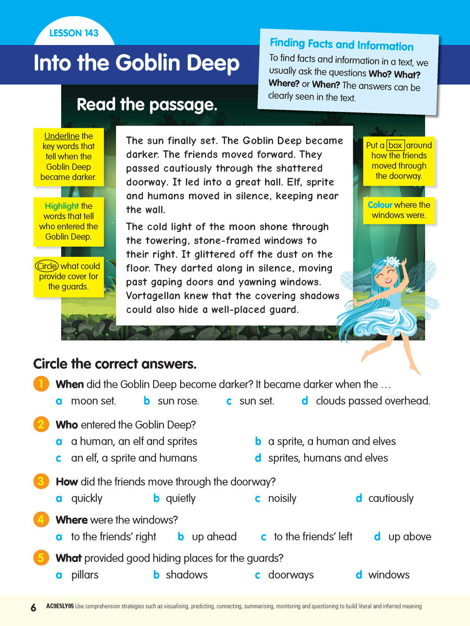 Sample interior page from the ABC Reading Eggspress Comprehension and Grammar Workbook Year 5, showing lesson activities and questions